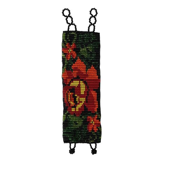 MEXICANA Jewelry - Handmade Beaded Bracelet Red & Orange  Floral Design Huichol Style Artisan New